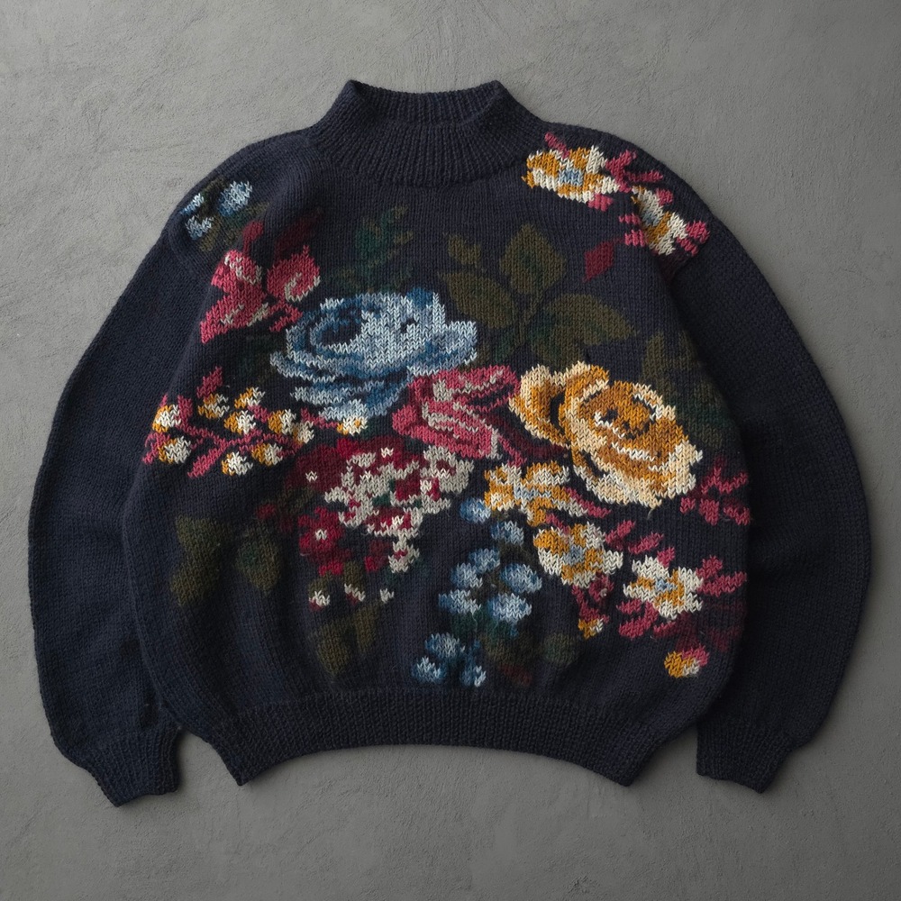 Vintage 90s Jones New York Navy Floral Hand Knit Wool Sweater Large